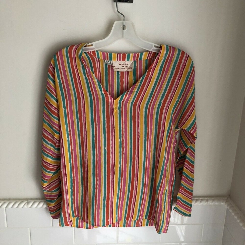 Oscar de la Renta Striped Tunic blouse V neck LS